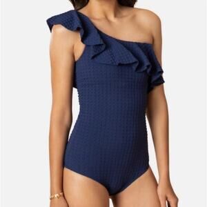 SHOSHANNA Swimsuit Size 4 One Piece Navy One Shoulder Ruffle Textured NWT Swim